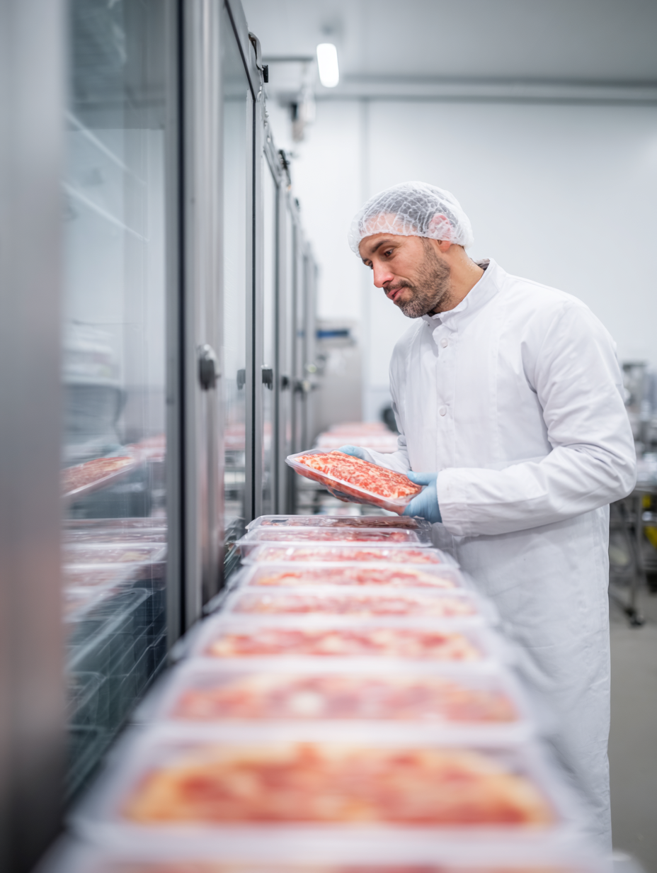 GMP approved Warm lab coat worn by worker in a Food plant making Frozen entrees