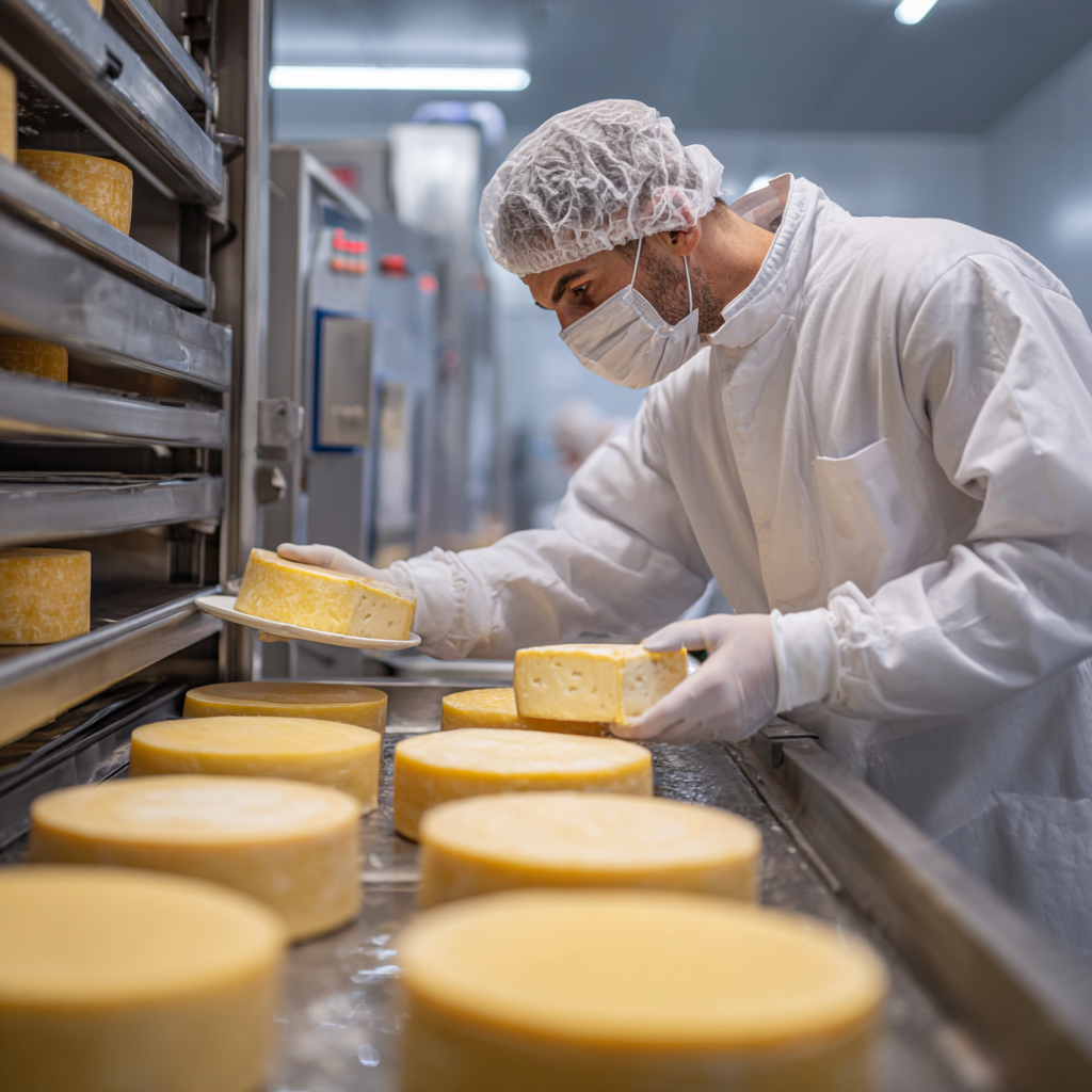 Fleece lab coat in action in food plant manufacturing Cheese.