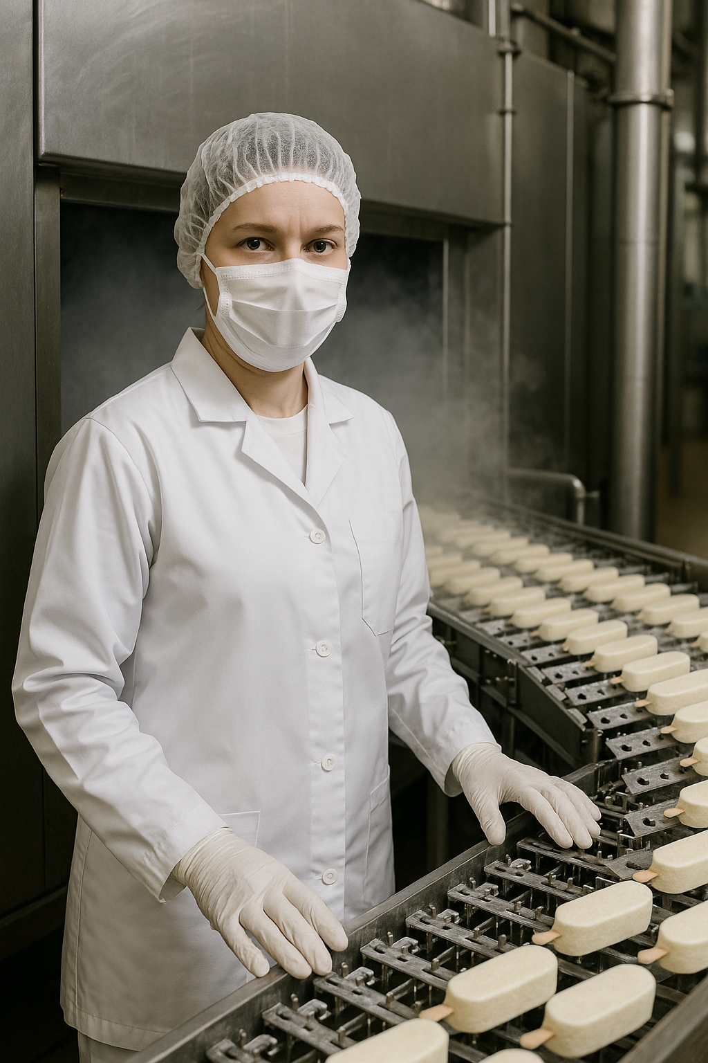 warm lab coat keeping worker warm at freezing tunnels of ice cream food processing plant